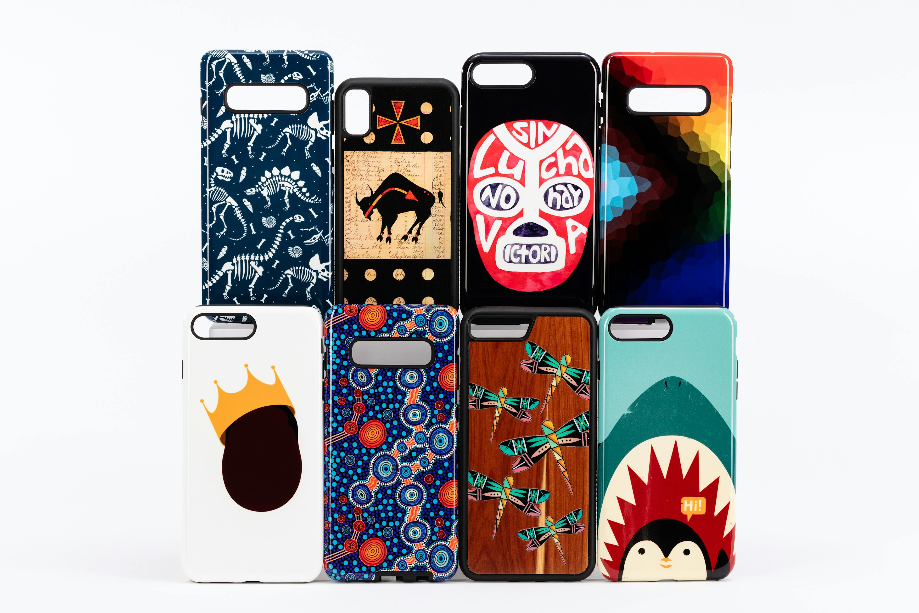 a group of colorfully designed artistic cellphone cases