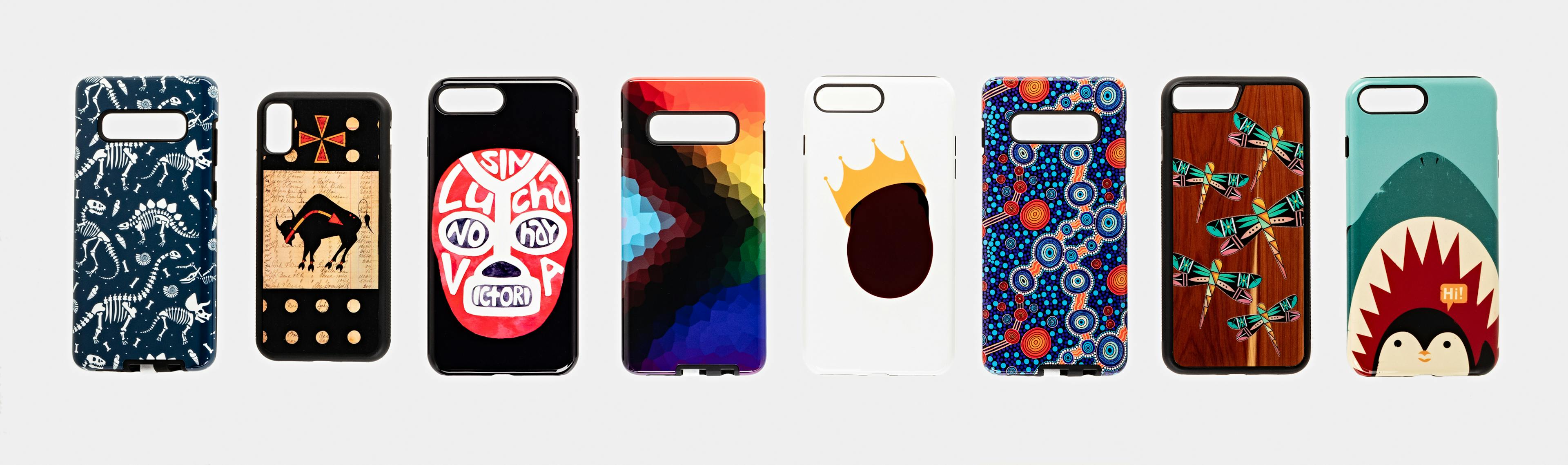 a row of colorfully designed artistic cellphone cases