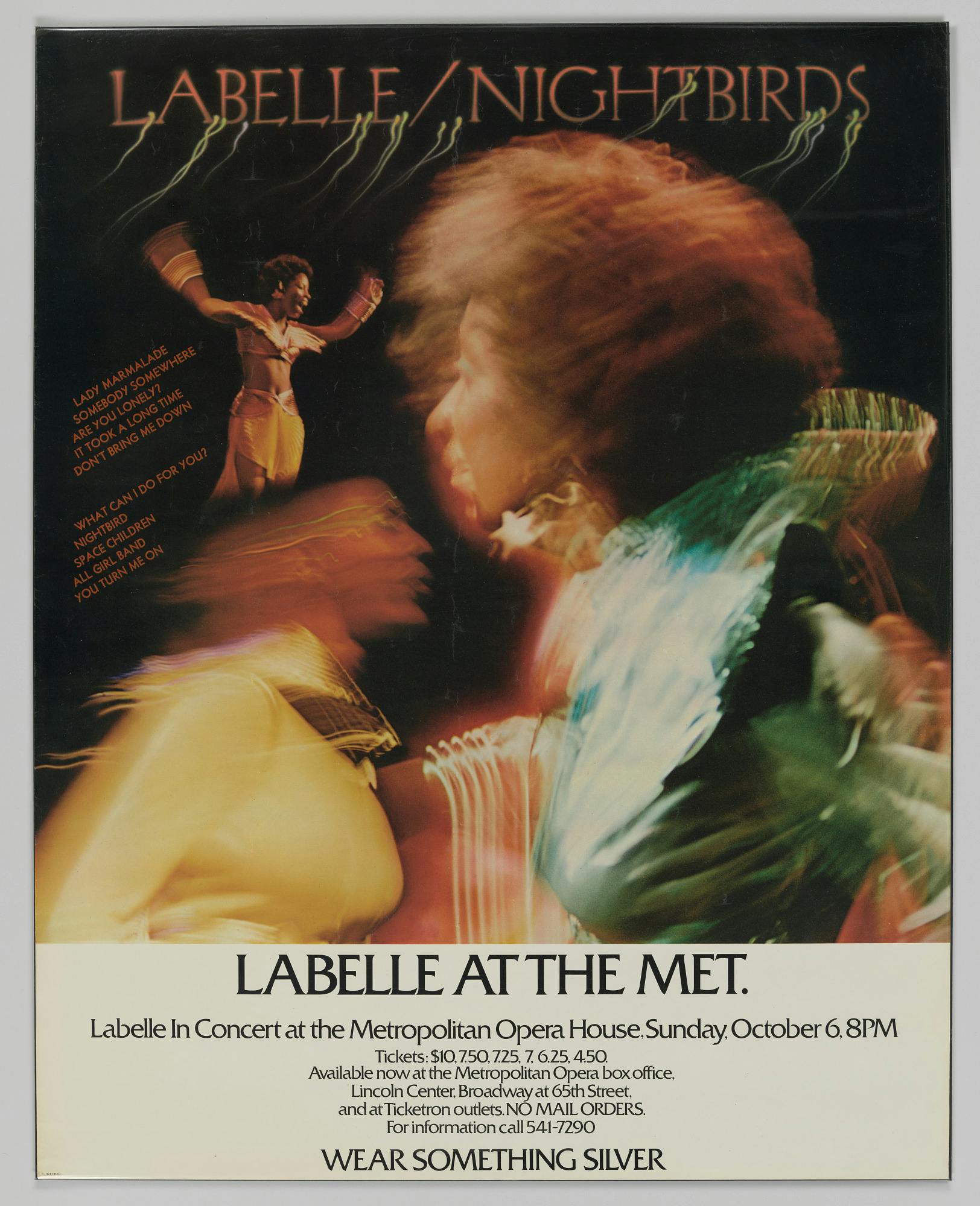 concert poster with blurred images of Patti Labelle with text that reads "Labelle / Nightbirds. Labelle at the Met"... followed by small text with venue details