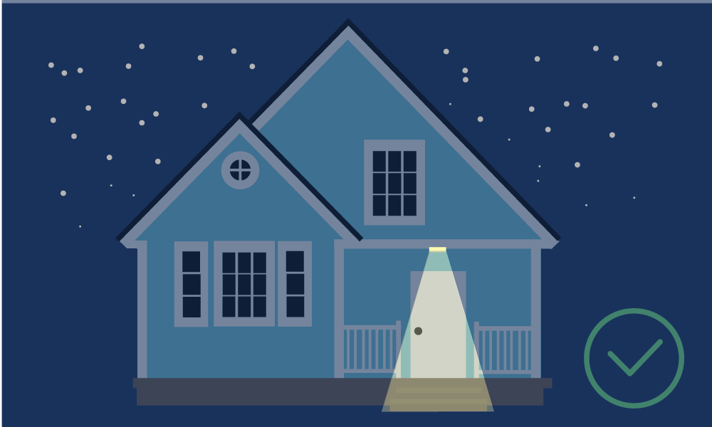 graphic of a light blue house with a dark blue starlit sky. There is a spotlight shining down on the front door. A green check mark sits to the right of the house.