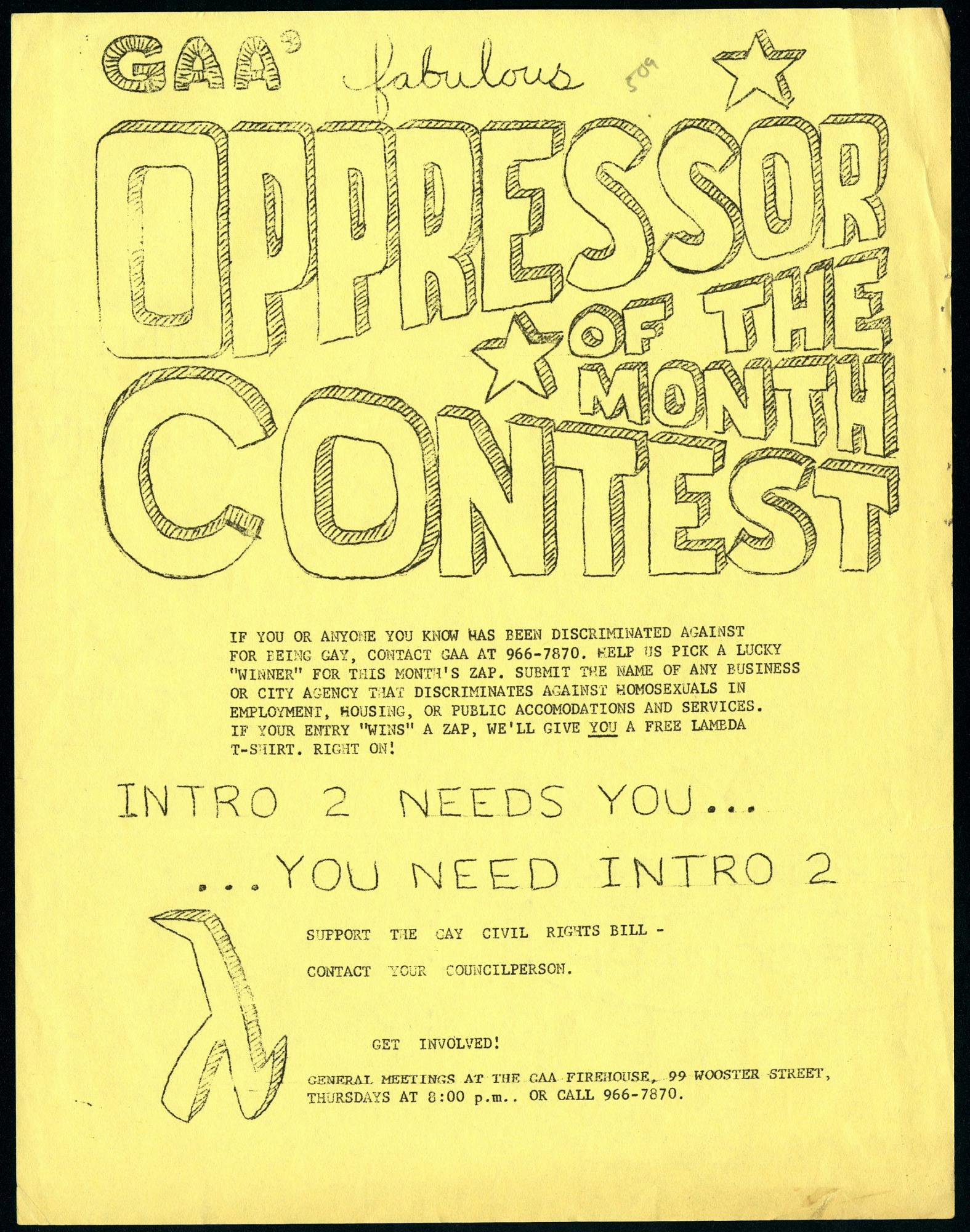 yellow poster that reads OPPRESSOR OF THE MONTH CONTEST
